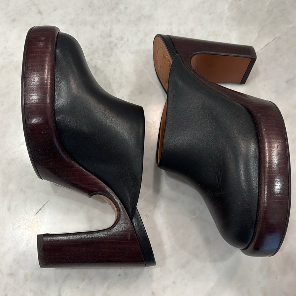 Chloe Irenn Black Leather Platform Mules with Brown Wooden Heel